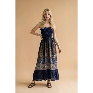 💛One Size Plus Blue Floral Print Sleeveless Maxi Dress One Size